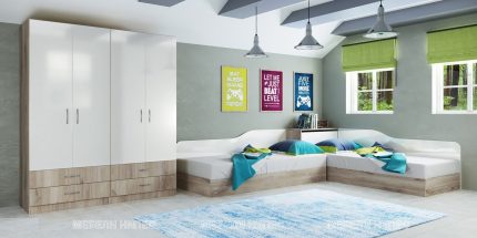 product - Спален комплект с ъглови легла Сити 7064 сонома арвен/бяло гланц