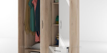 product - Гардероб трикрилен с 3 чекмеджета Сити 1028 сонома арвен/бяло гланц