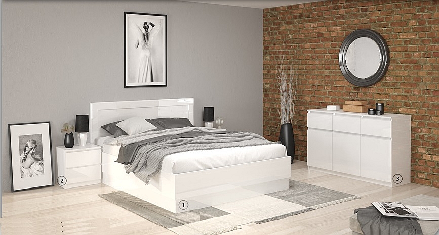 Спален комплект Лео 201 бяло гланц Комплект с висока спалня Лео 201 бяло гланц