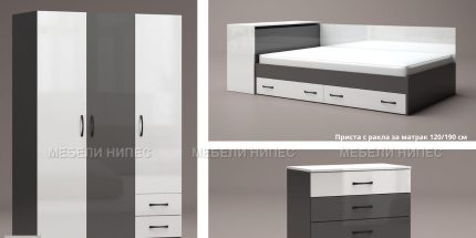 product - Спален комплект с приста Кари антрацит/бяло гланц – Промо цена