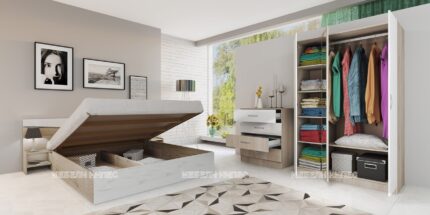 Спални - Спален комплект + скрин Сити 7000 сонома арвен/бяло гланц