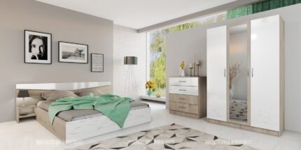 Спални - Спален комплект + скрин Сити 7000 сонома арвен/бяло гланц