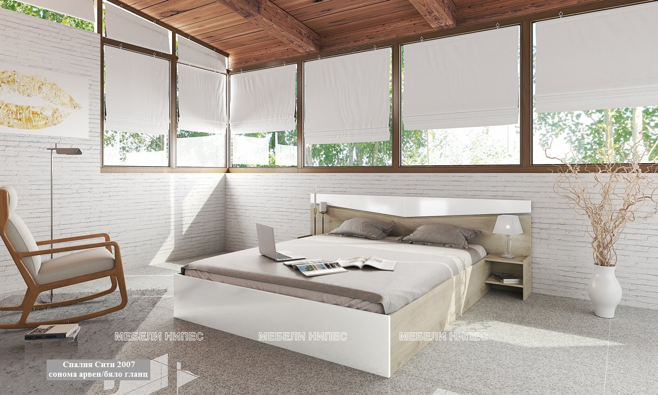 Спалня Сити 2007 сонома арвен-бяло гланц Спален комплект + скрин Сити 7000 сонома арвен/бяло гланц